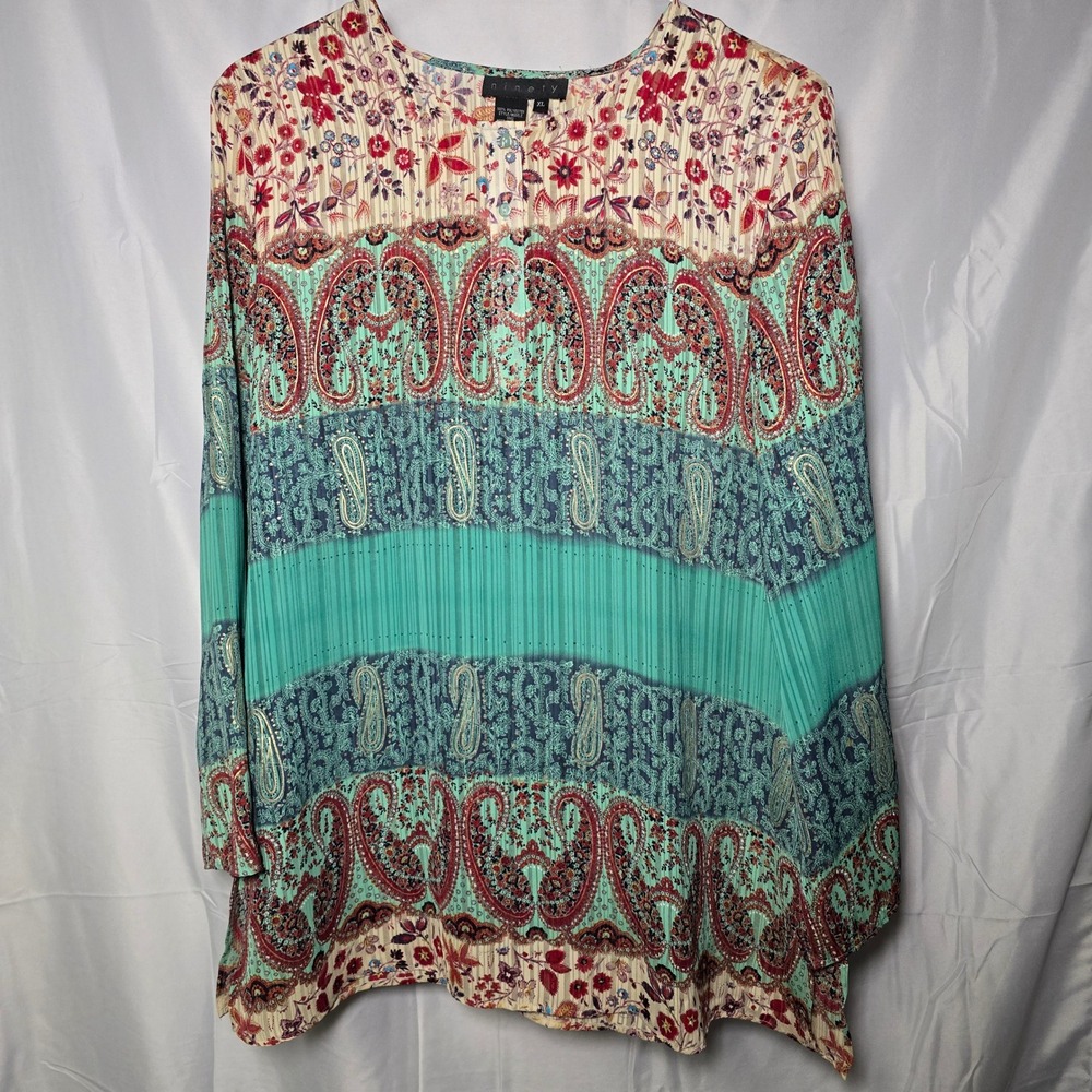 Ninety Womens XL Paisley Floral Pleated Blouse Teal Red Long Sleeve Tunic Top